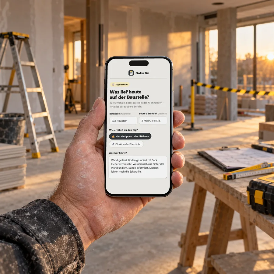 Handwerker diktiert mit der App Doku fix seinen Tagesbericht auf der Baustelle