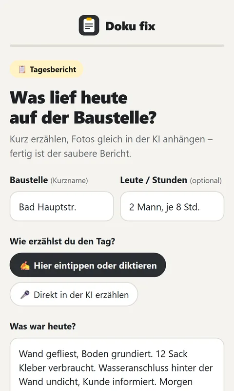 App Doku fix: Baustelle und Tag eingeben oder einsprechen